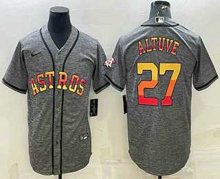 Men%27s Houston Astros #27 Jose Altuve Grey Gridiron With Patch Cool Base Stitched Baseball Jersey
